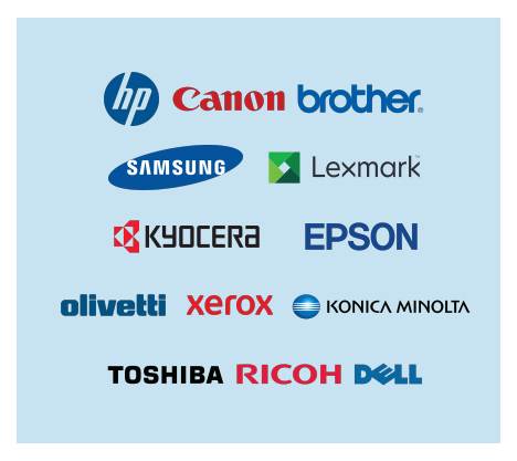 Marchi trattati da Jet Service: HP, Canon, Brother, Samsung, Lexmark, Kyocera, Epson, Olivetti, Xerox, Konica Minolta, Toshiba, Ricoh, Dell